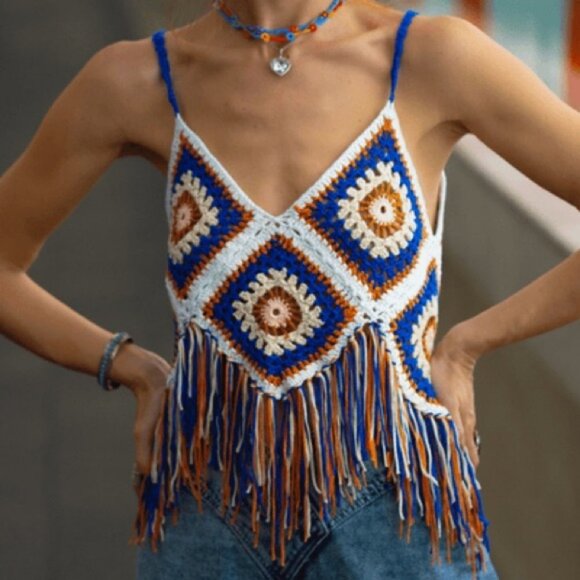 Bohemian Crochet‎ Fringe Top Hippie Chic Granny Square Size Small Patchwork Boho - Picture 8 of 9